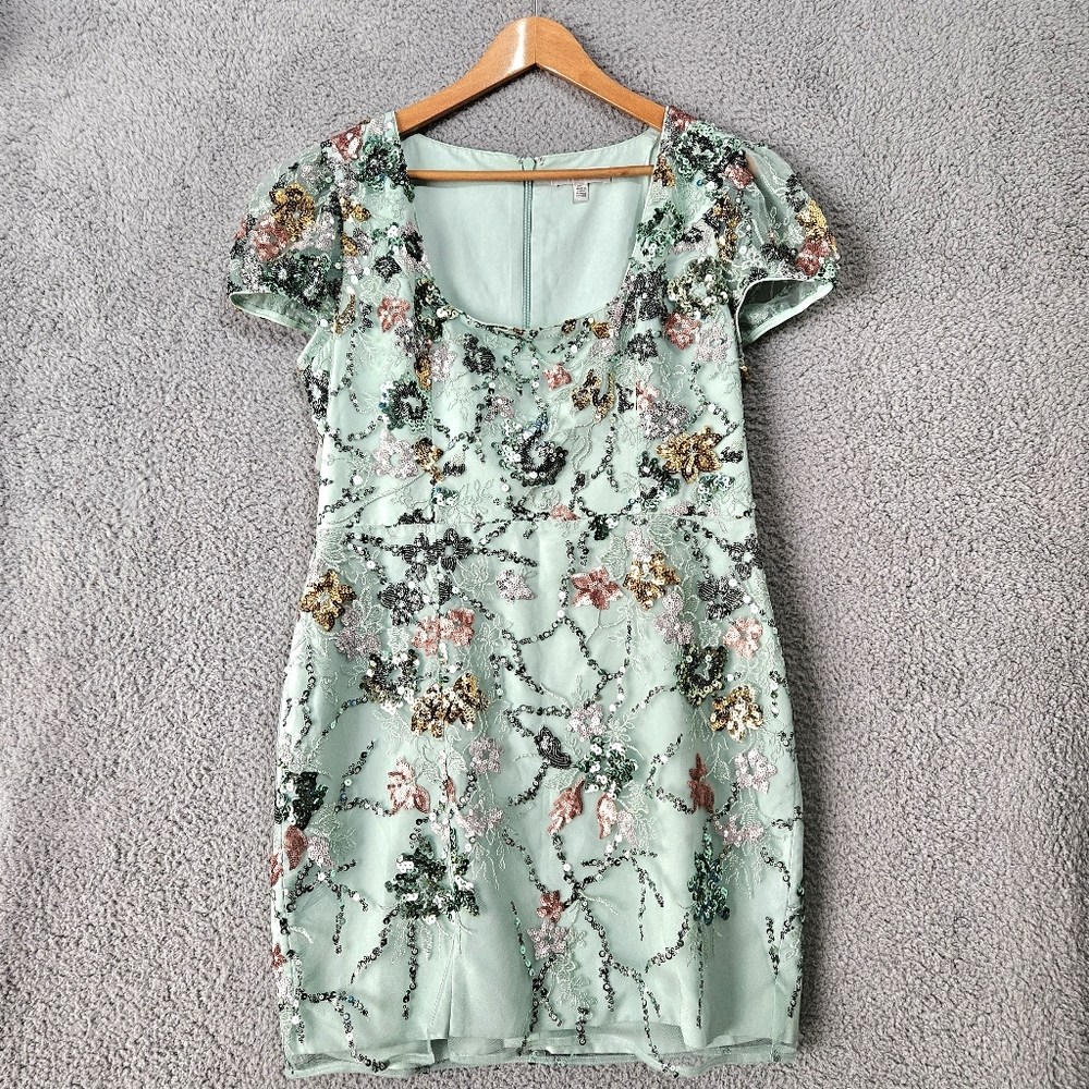 Dress the Population Jillian Mini Dress Sz 12 M L (XXL) Mint Sage Sequined Prom - Picture 4 of 13